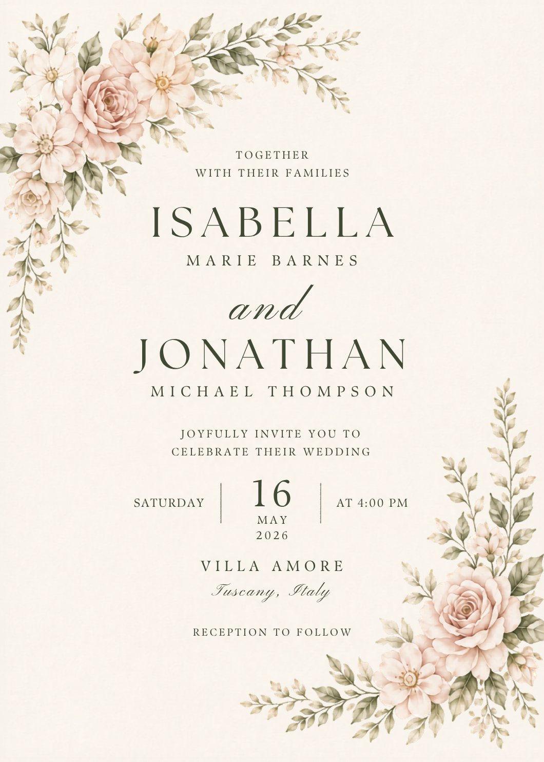 Blush Watercolor Rose Wedding Invitation